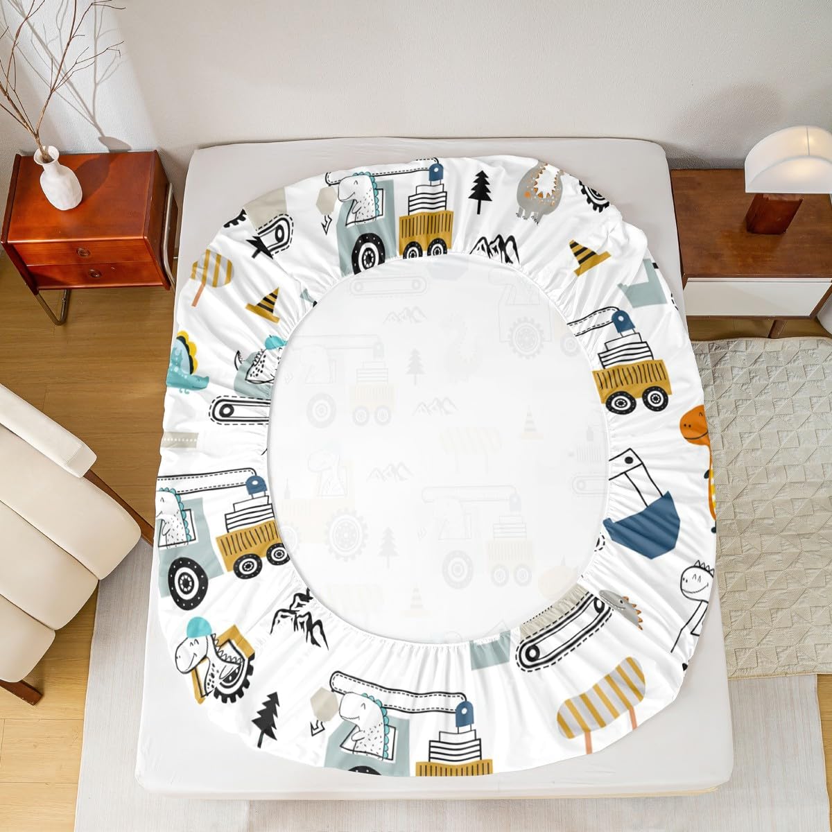 Feelyou Construction Bed Sheets Set Full Size Equipment Trucks Sheet Set for Kids Boys Girls Decor Dinosaur Sheets with Deep Pocket Fitted Sheet 3D Digital Print Yellow Bedding Set Bedroom
