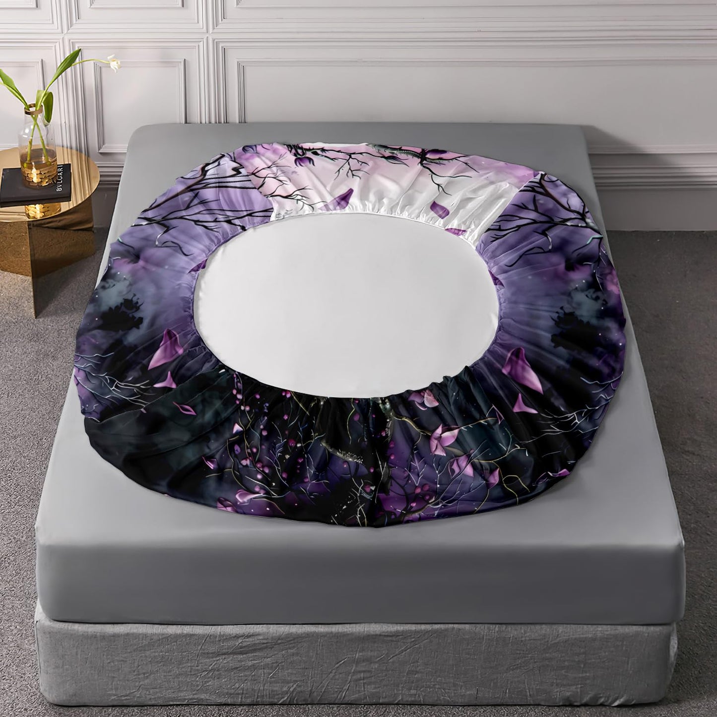 HOSIMA Death Skull Twin Fitted Sheet,Skull Surrounded by Flowers Print Gothic Bedding Set,Branch Pattern Horror Themed Halloween Bedding for Boys Girls Room Decor,1 Fitted Sheet+2 Pillowcases.
