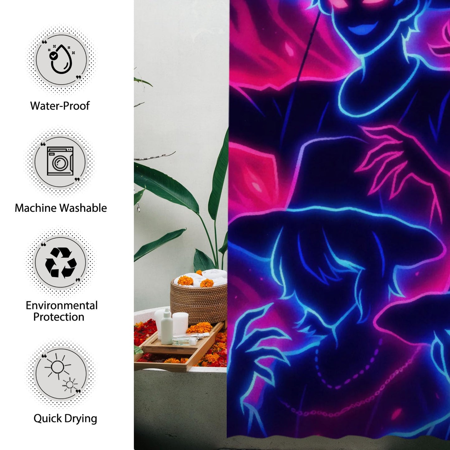 Funnytree 72"X72" Neon Shadow Crew Shower Curtain Glowing Hat Figures Bathroom Decor Waterproof Fabric Durable Easy Care Washable(Hooks Not Included)
