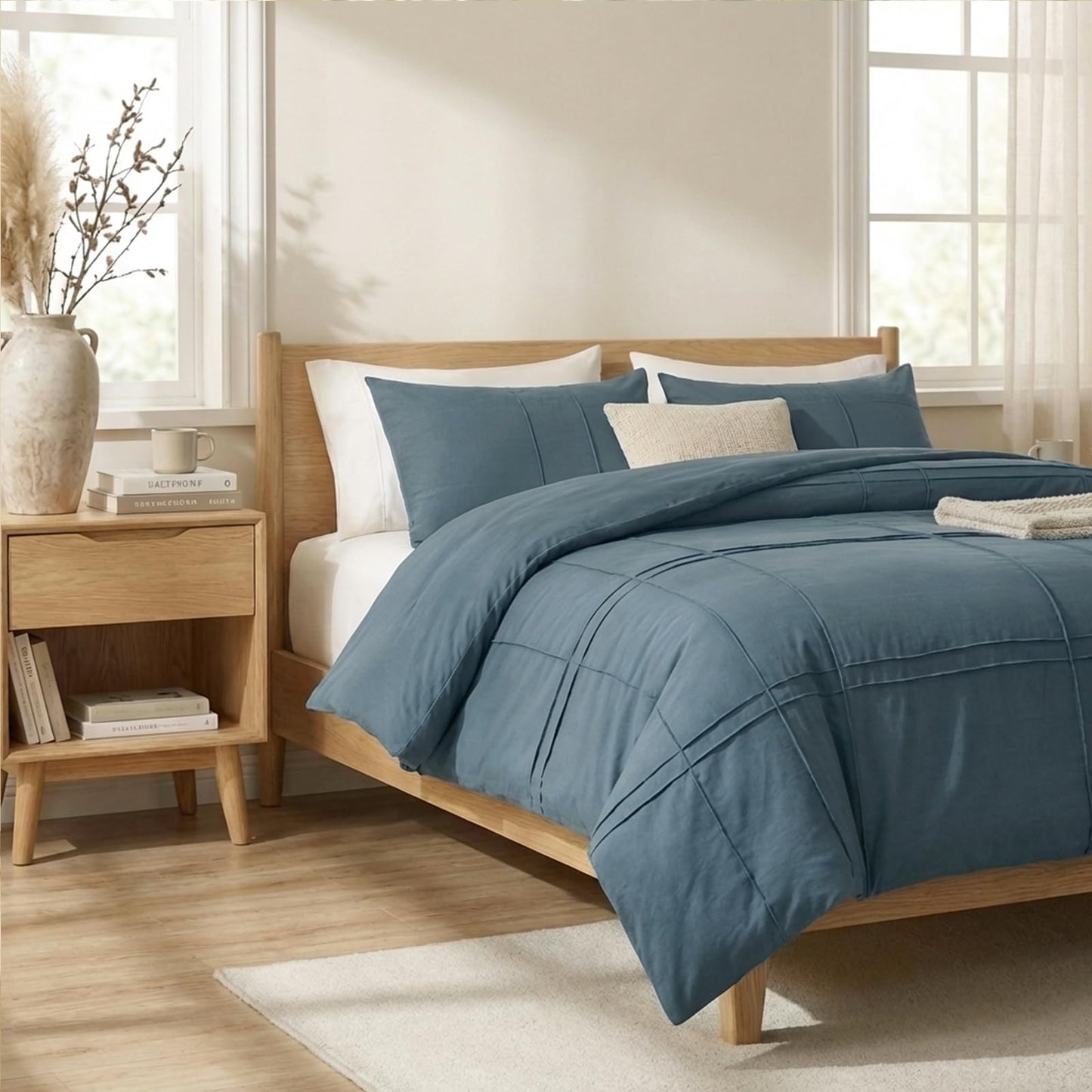 Cozaline 100% Cotton Dark Blue Queen Size Duvet Cover Set - 3 Pieces Pintuck Pleated Duvet Cover, Soft Breathable Duvet Cover with Zipper Closure, Modern Minimalist Bedding Set