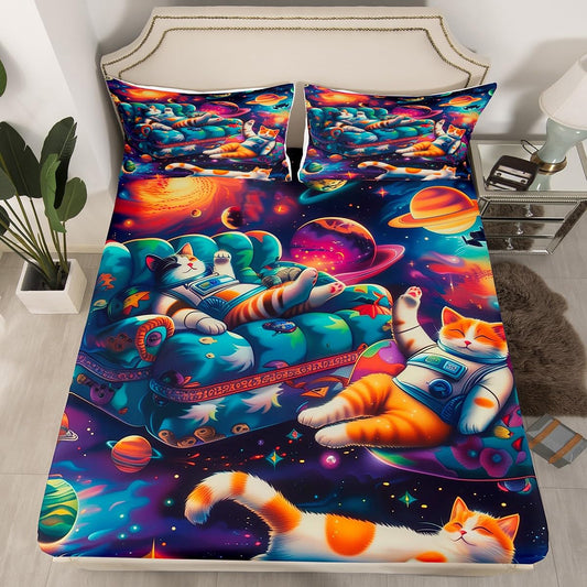 Astronaut Cat Kids Fitted Sheet Full Size,Outer Space Starry Sky Planets Galaxy Bedding Set,Boys Girls Room Decor,Cute Animal Pet Rustic Bed Cover,Colorful Bed Sheet,2 Pillowcases