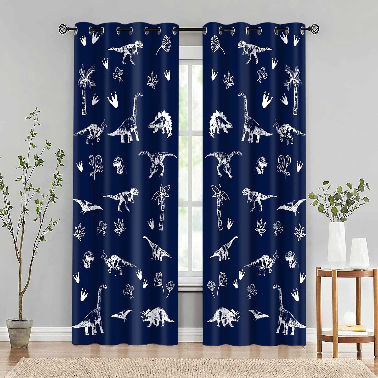 MIZSYE Navy Blue Dinosaur Printed Curtains Cartoon Dinosaur Graffiti Boys Bedroom Blackout Curtains Animal Printing Insulated Curtains Kids Teenage Playroom Living Room Decor 42x84Inch CLZYMS82