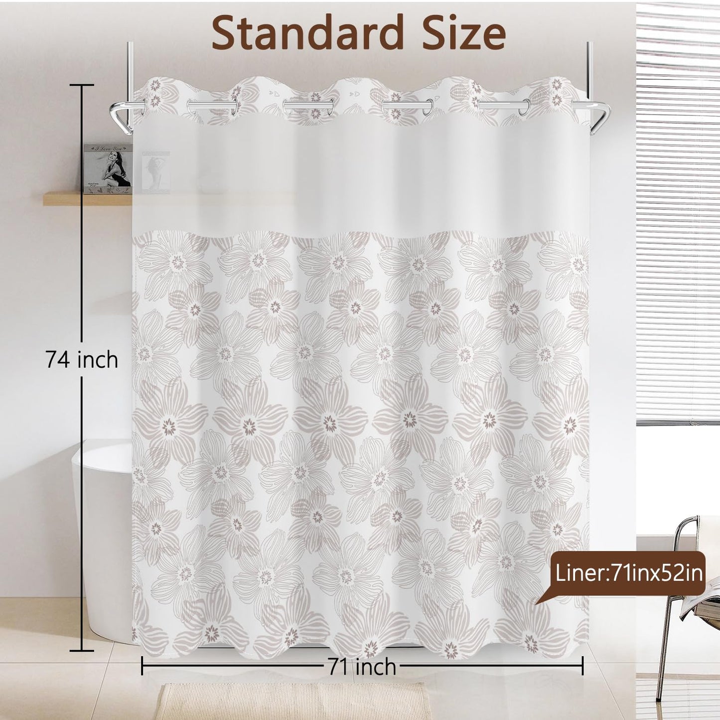 No Hook Shower Curtain with Snap in Fabric Liner Set, Waterproof & Washable, Boho Soft Tan Paisley Floral Shower Curtains for Bathroom, Elegant Neutral Modern Hotel Flower Bathroom Curtain, 71x74 inch