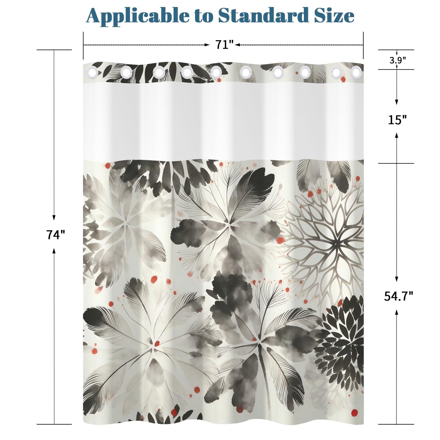 Xiazhilaio Black Floral Shower Curtain with Snap in Liner, 71x74 Inch