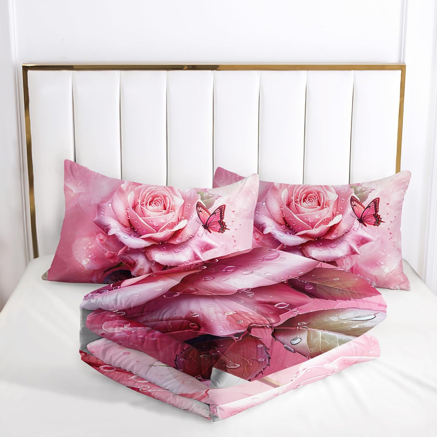 AILONEN Pink Rose Comforter Set Queen Size,Rose Flower Butterfly Bedding Set for Girls Women,Modern Romantic Floral Printed Art Pink Comforter with 2 Pillowcases,3 Piece Soft Microfiber