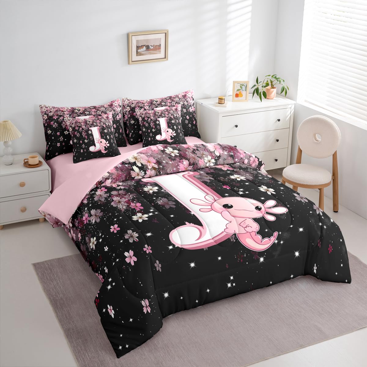 Erosebridal Twin Size Cute Axolotl Bed in A Bag 7 Pieces for Kids Girls Teens | Initial Letter J Comforter Set with Sheets Japanese Cherry Blossom Bedding Set with Flat Fitted Sheets (Pink and White)