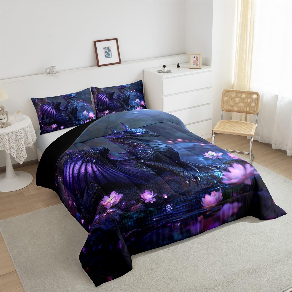 Feelyou Dragon Comforter Set Twin Size Dragon Stuff Comforter for Boys Girls Teens Wild Life Bedding Set Flower Duvet Set Room Decor Black Purple Quilt Set