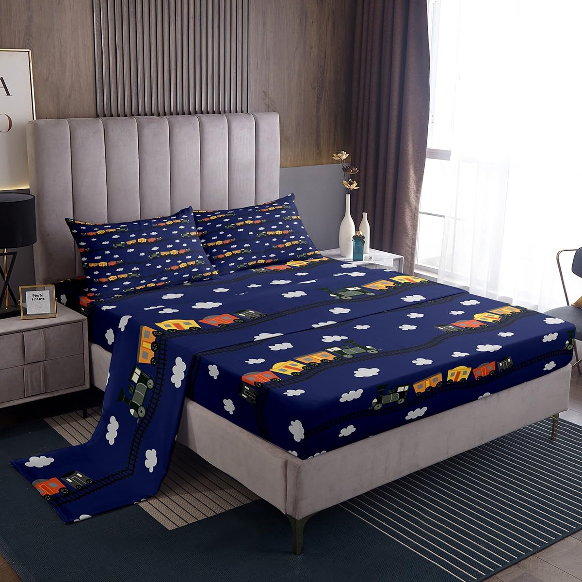Erosebridal Cartoon Train Sheets Navy Locomotive Train Sheet Set Queen,Smoking Steam Engine Bed Sheets Set for Kids Toddler Cute Clouds Transportation Cars Top Fitted Sheet 4 Pieces