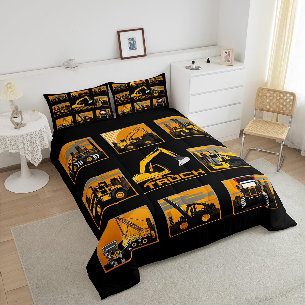 Erosebridal Excavator Comforter Set Queen Tractor Truck Bedding Set Construction Vehicle Down Comforter for Boys Kids Girls Teens Cartoon Heavy Machinery Car Bedding Sets & Collections, Gray Yellow
