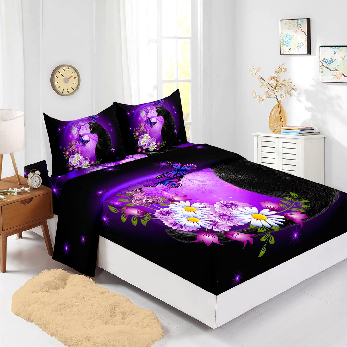 Axolotl Black Cat Bedding Cartoon Cat Sheet Set Twin,Daisy Butterflies Printed Kids Bedding Set for Kids Boys Girls Adults Room Decor,Purple Sky Sheets Set,1 Fitted Sheet 1 Flat Sheet 2 Pillowcases