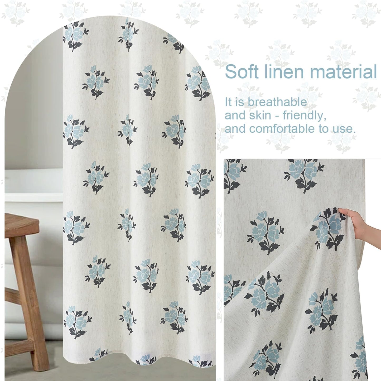 ORTIGIA Linen Blue Shower Curtains for Bathroom Boho Farmhouse Block Print Shower Curtain Set with Metal Hooks Floral Waterproof Aesthetic Rustic Fabric Bath Curtain for Home, Weighted, 72x72