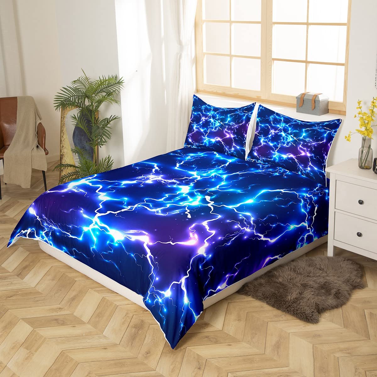 Neon Blue Lightning Strike Duvet Cover King,Game Lightning Bedding Set 3pcs for Kids Boys Teens Gamer Room Decor,Fashion 3D Shiny Comforter Cover Modern Gaming Cool Quilt Cover with 2 Pillowcases