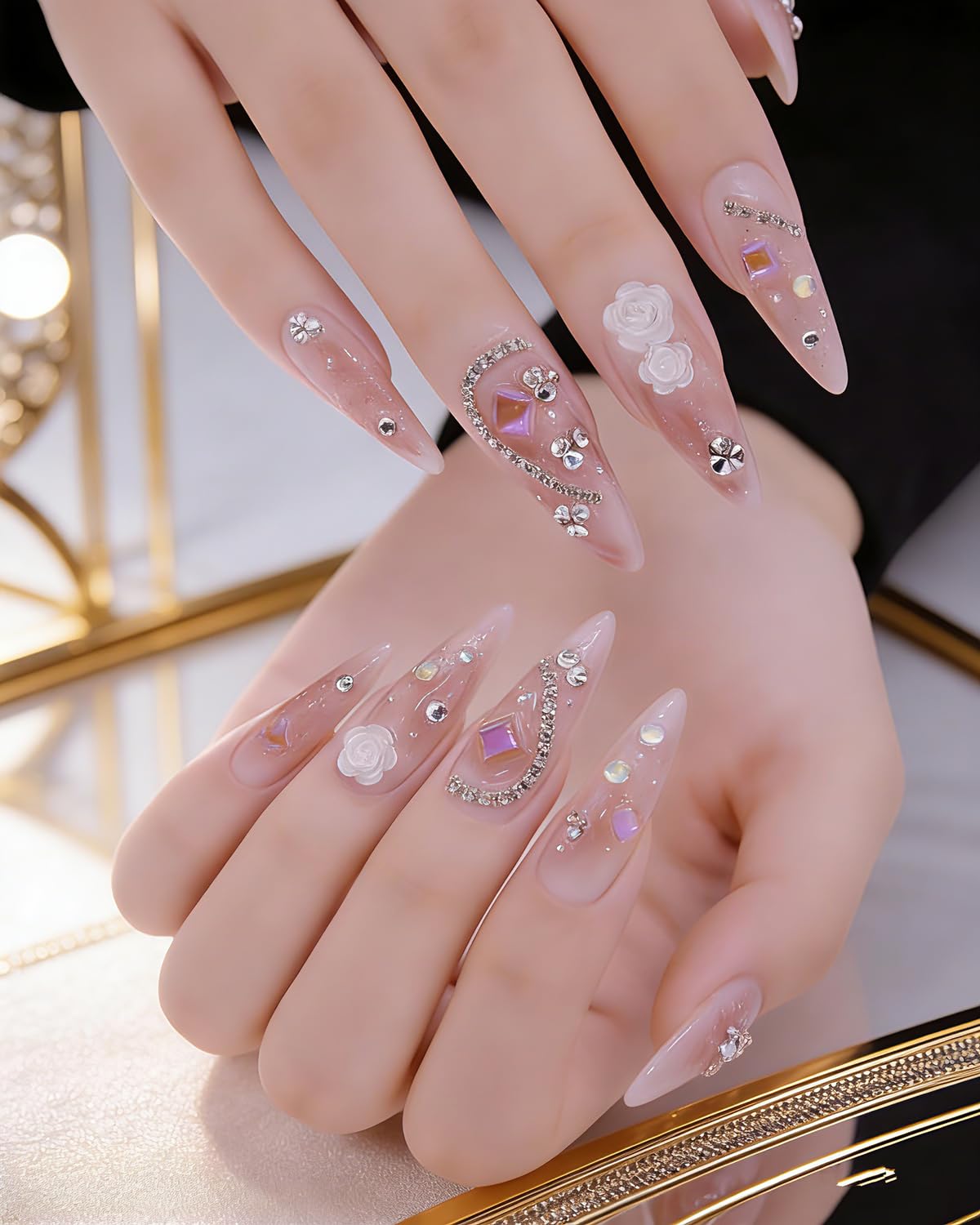 CAMILCY Handmade Press on Nails Long Stiletto Glossy Nude Pink Fake Nails with 3D Flowers Rhinestones Luxury Crystal Bling Acrylic Nails Reusable Stick on Nails for Women (B04, M)