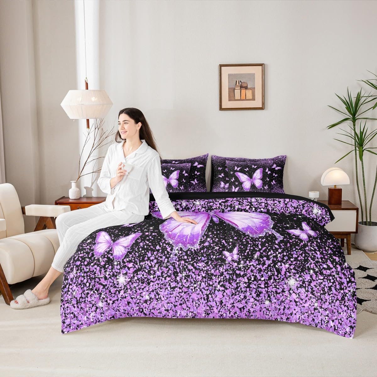 Feelyou Purple Butterfly 7 Piece Bedding Set Glitter Print Comforter Set with Sheets for Kids Boys Girls Pretty Animal Bed in a Bag Beautiful Butterfly Bed Set Soft Lightweight