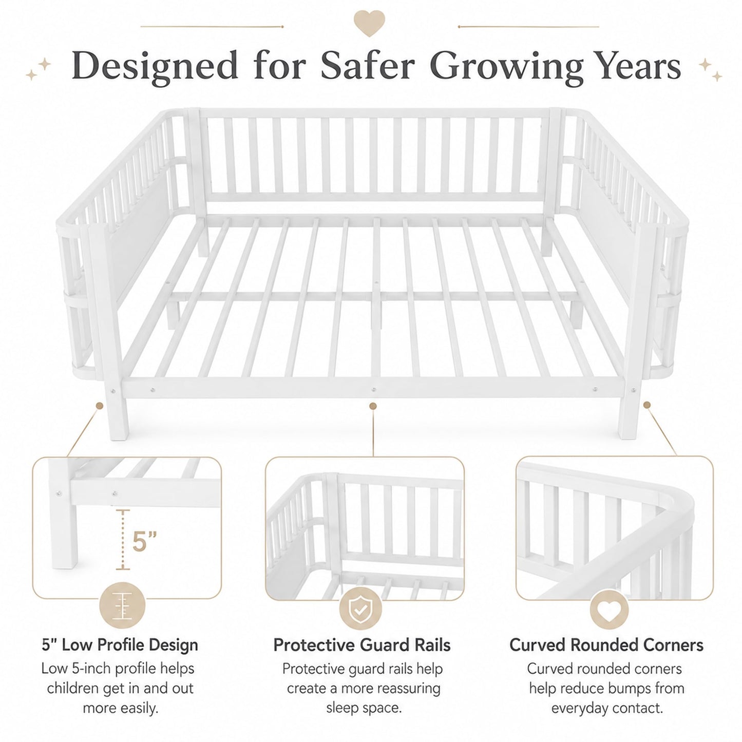 OYUMOENTS Full Size Bed Frame Kids, Metal Low Profile Montessori Bed Full with Removable Side Rails & Rounded Corner Design, Kids Daybed for Boys Girls, No Box Spring Needed, Easy Assemble, White