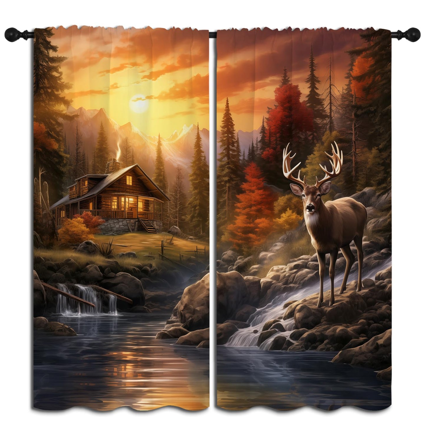 Rustic Cabin Deer Boy Girls Blackout Curtains, Western Sunset Farm Country Farmhouse Elk Lodge 2 Panel Rod Pocket Thermal Insulated Drapes, for Kids Room Bedroom Living Room Home Decor 42x45 inch