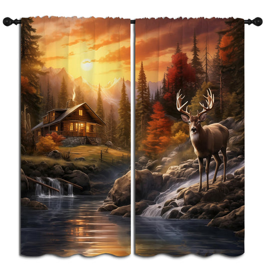 Rustic Cabin Deer Boy Girls Blackout Curtains, Western Sunset Farm Country Farmhouse Elk Lodge 2 Panel Rod Pocket Thermal Insulated Drapes, for Kids Room Bedroom Living Room Home Decor 42x45 inch