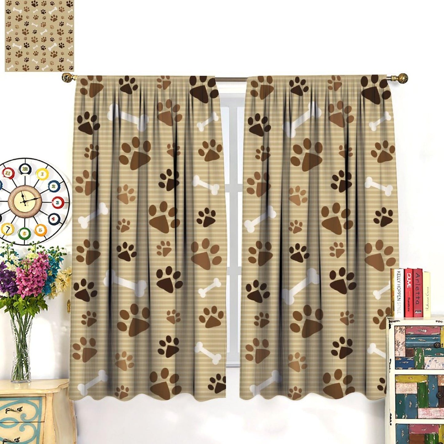 Dog Paw Print Curtains,Cute Animal Paw Print Window Treatments for Kids Boys Girls Bedroom Living Room Décor Drapes 2 Panel Sets Total Size 42" x 45" Brown