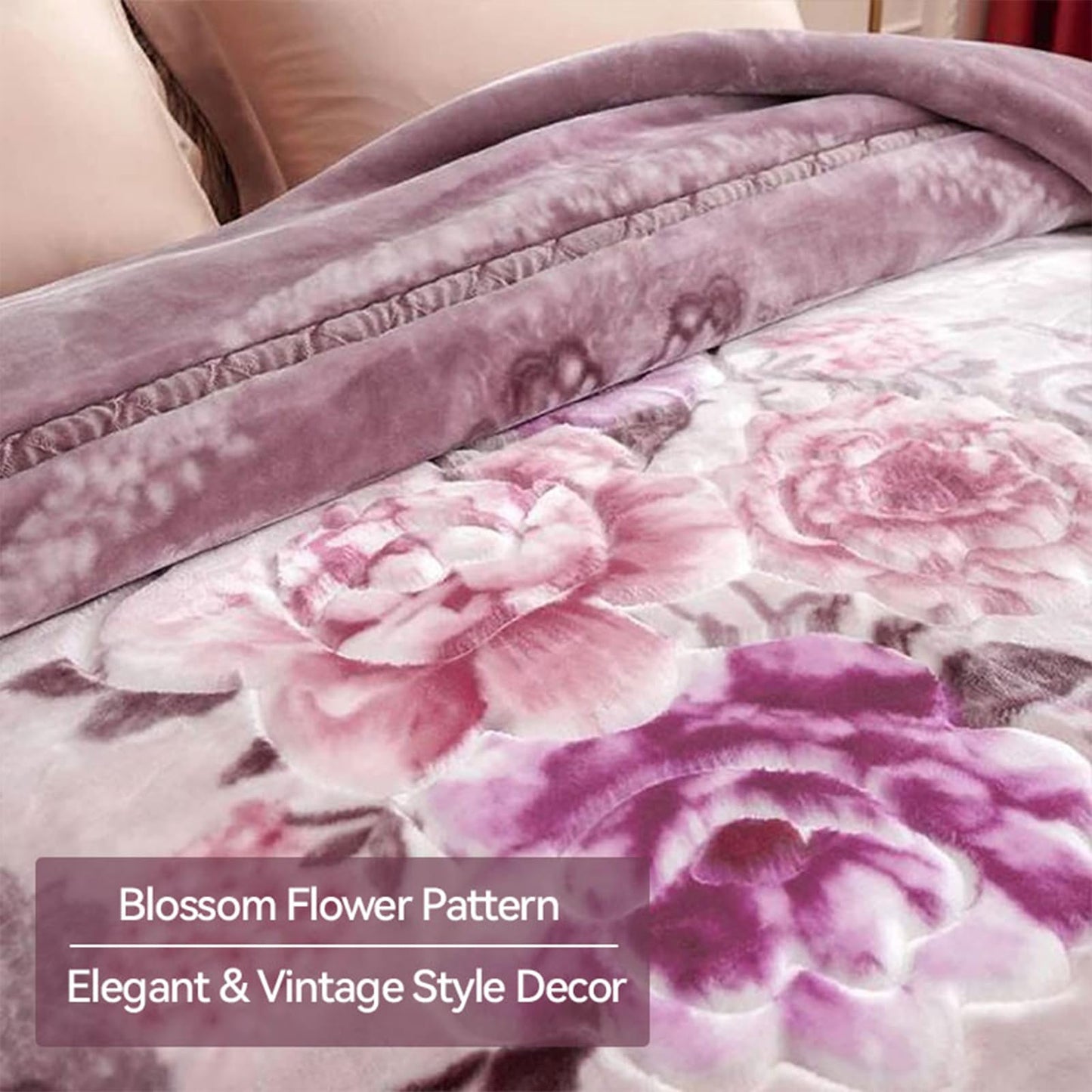 MODUSKYE Mink Blankets, Korean Heavy Fleece Plush 78x90 inch 2 Ply Mink Thick Blankets with Iris Flowers 7.7 lbs Queen Size Soft Raschel Blanket for Autumn Winter (Purple)
