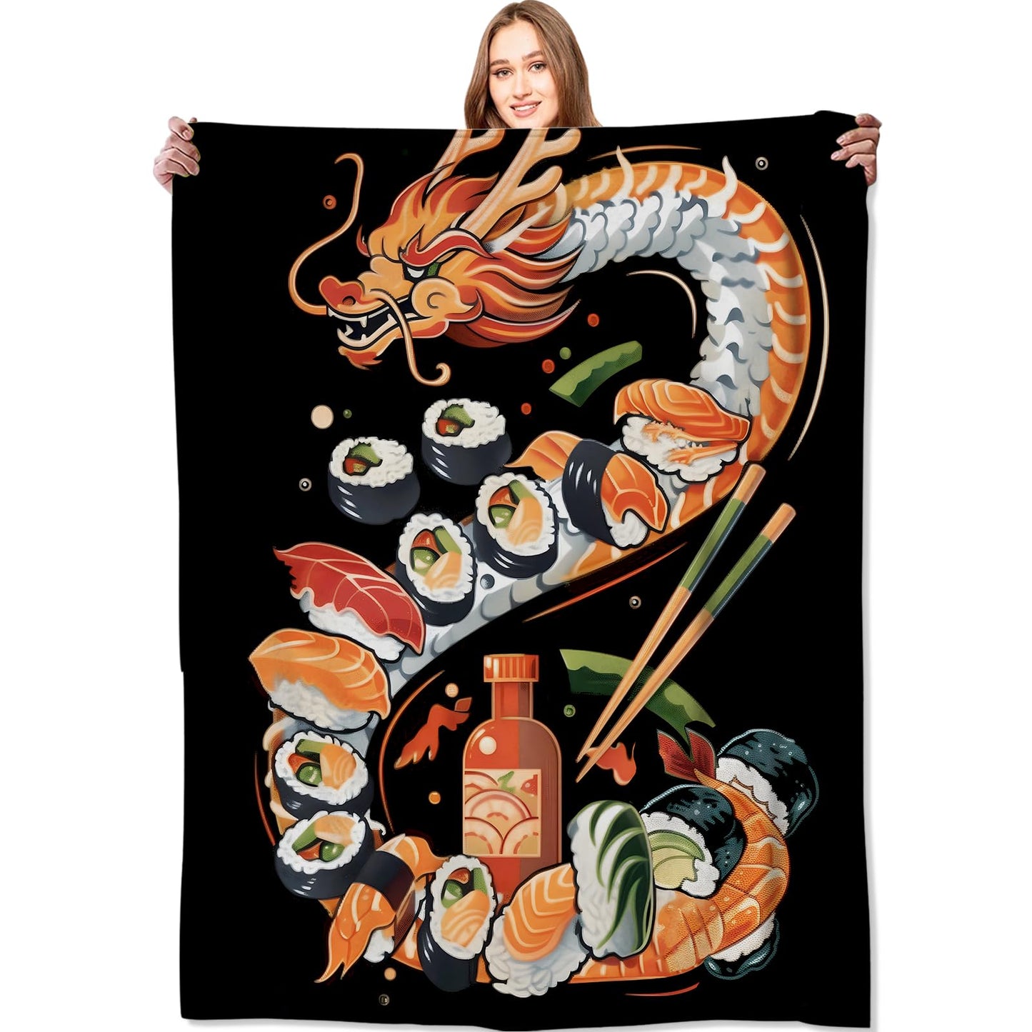VODRM Sushi Dragon Blanket Japanese Cuisine Throw Blankets,Birthday Gifts for Kids Girls Women,Lightweight Soft Fleece,Sweet Food Lovers,Sofa Couch Bed Room Modern Decor 50x60in