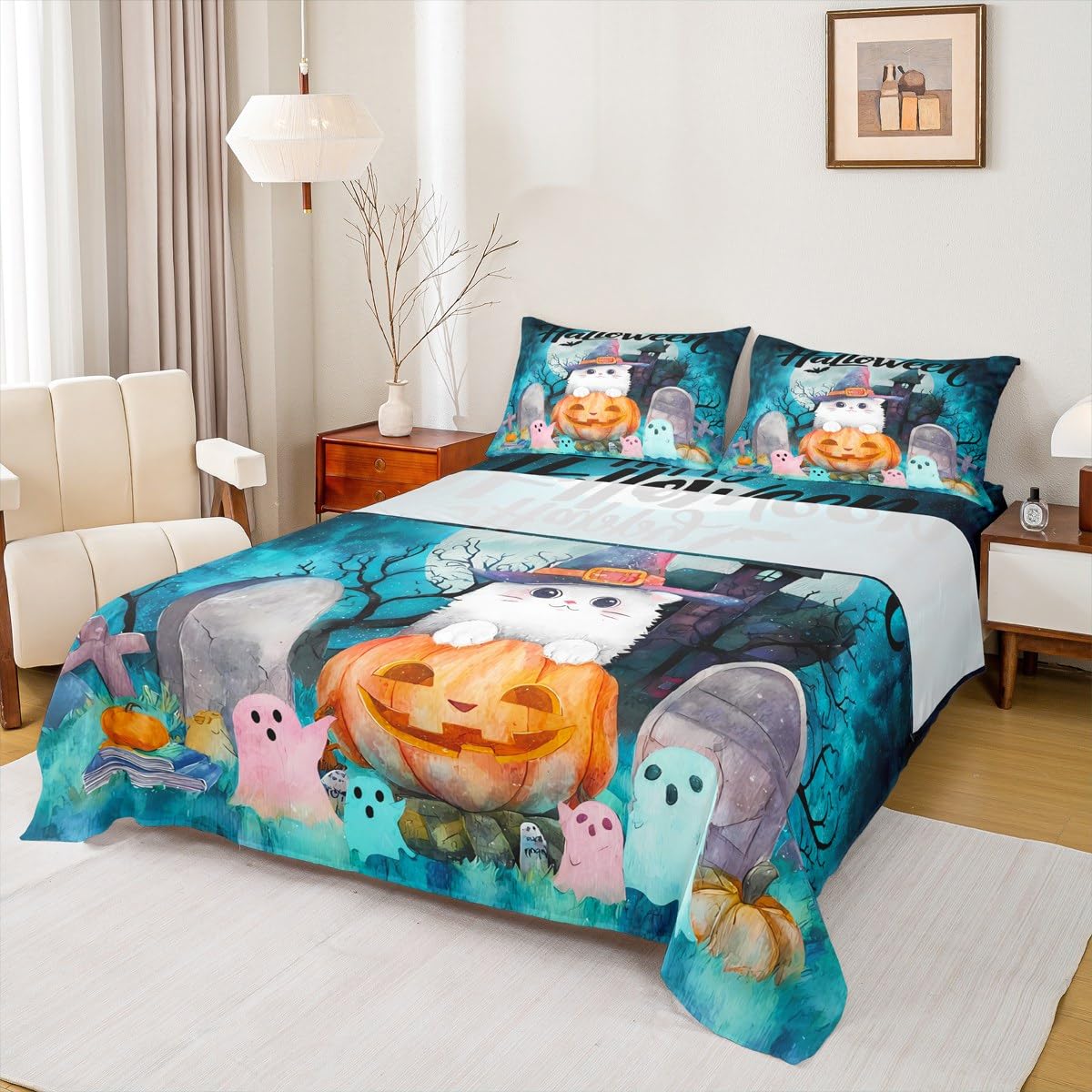 jejeloiu Kids Halloween Decor Bed Sheets Sets Queen Size Kids Boys Girls White Cat Bedding Set Cute Ghost Bed Sheet Set with 16-Inch Deep Pockets Haunted Houses 4Pcs with 2 Pillow Cases