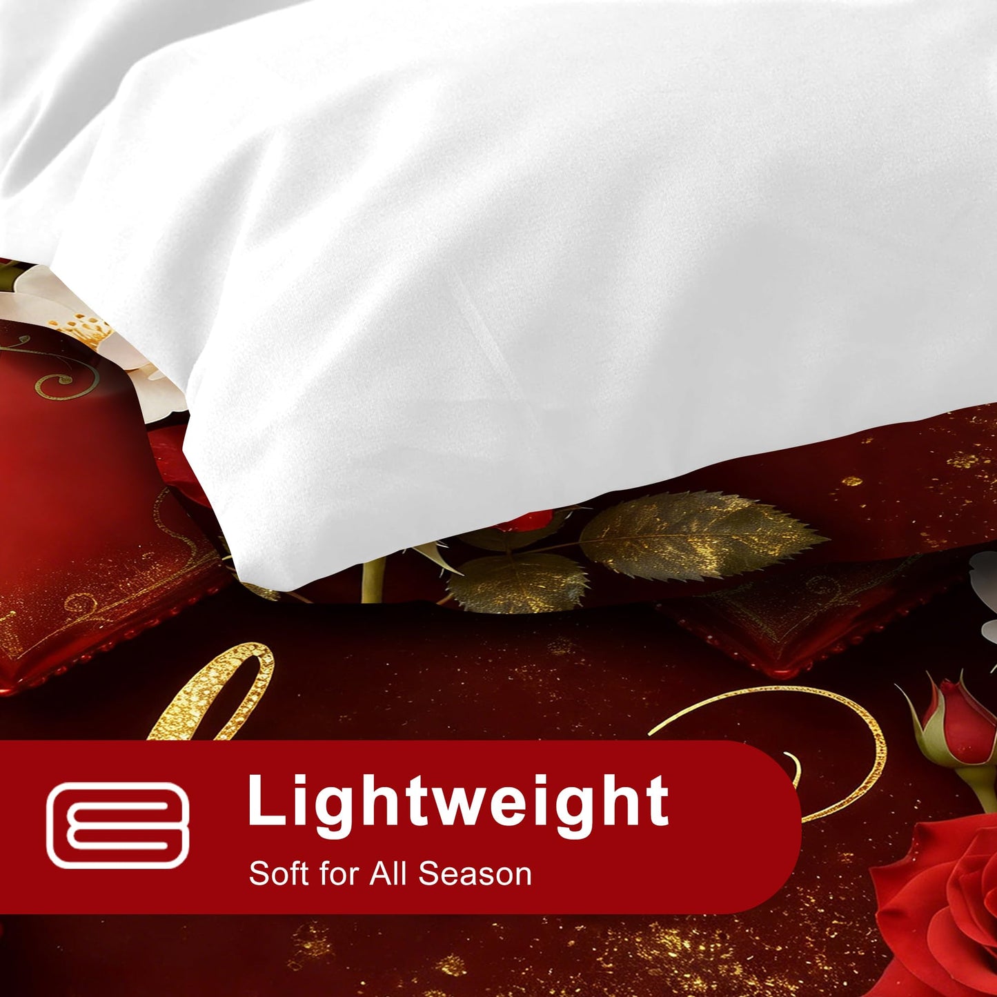 VTKON Love Heart Bedding Set Full Size 3 Piece Romantic Red Rose Comforter Set for Women Golden Glitter Love Bed Sets Valentine's Day Duvet with 1 Comforter 2 Pillow Cases