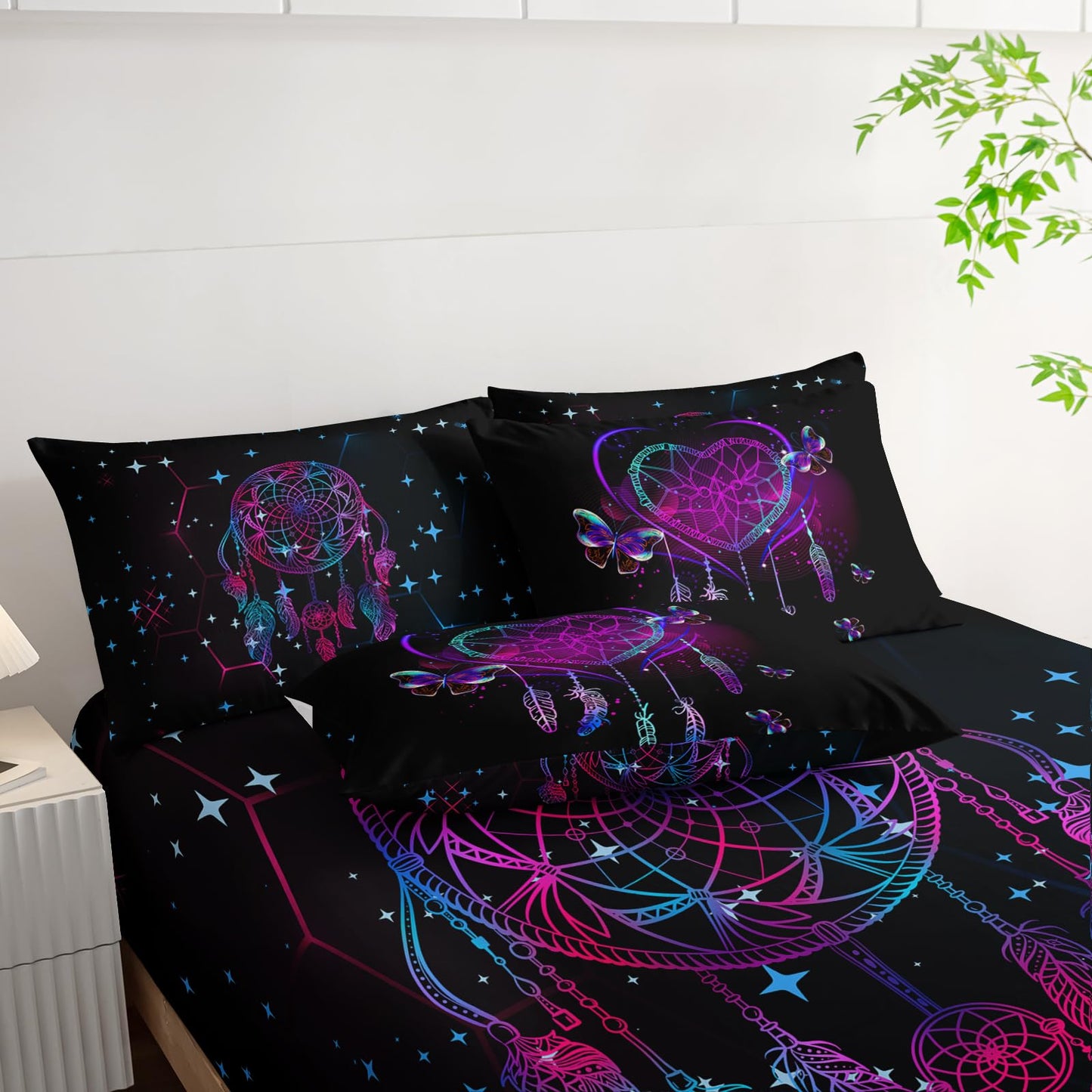 AILONEN Neon Love Comforter Set Twin Size,7-Piece Soft Bed in a Bag,Black Purple Dreamcatcher Comforter & Fitted Sheet & Flat Sheet & 2 Pillowcases,2 Pillow Shams for Bedroom
