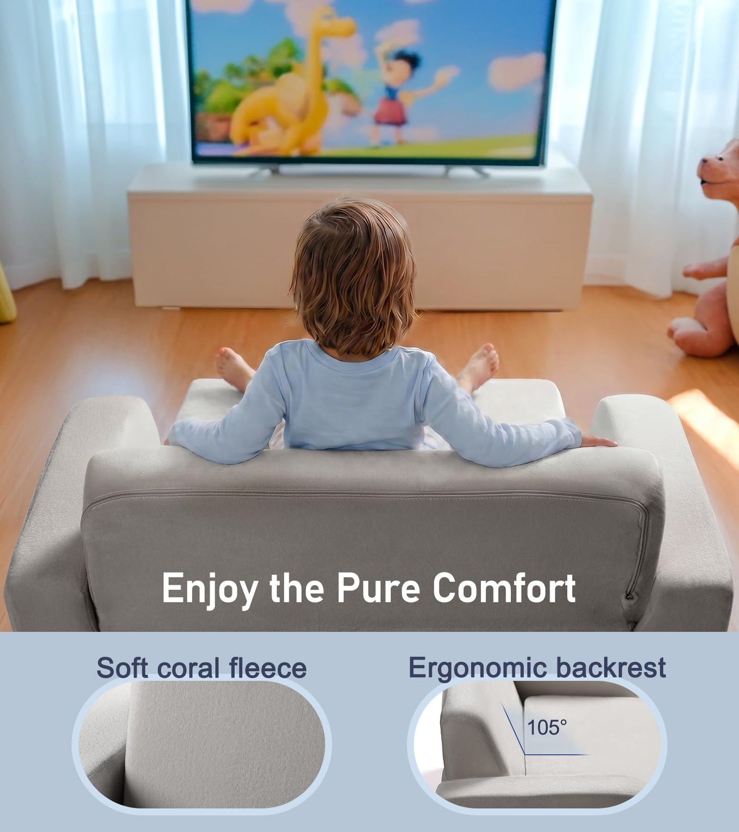 little dove 3-in-1 Extra Wide Convertible Kids Couch, Flip Open Kid Sofa, Machine-Washable Kid Couch for Girls, Kids Sofa for Fun Playtime, Gray