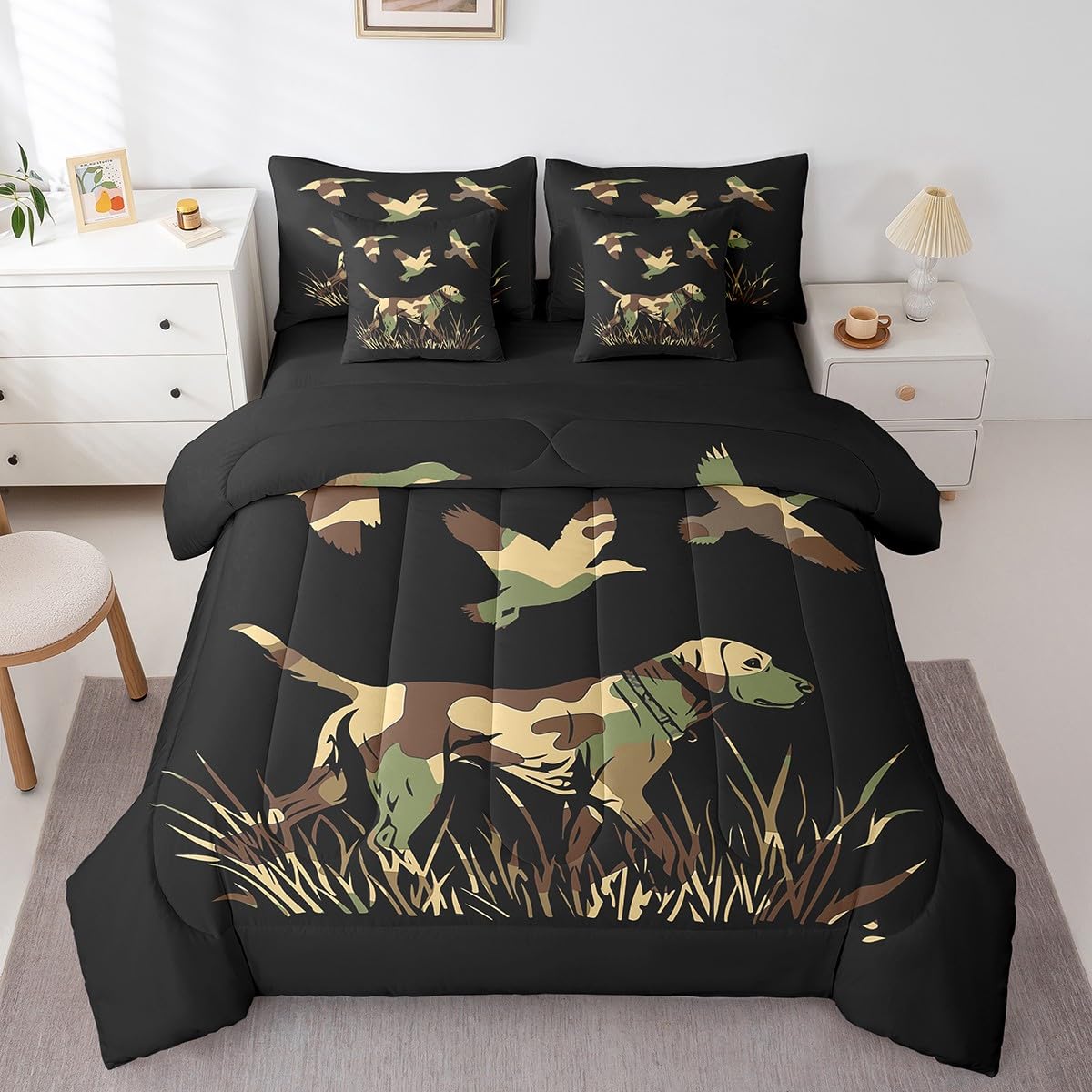 Feelyou Wild Duck Hunting 7 Piece Bedding Set Full Size for Boys Teens Kids Black Dog Hunter Comforter Set with Sheets Hunter Green Army Camouflage Farmhouse Theme Bed in a Bag Home Decor