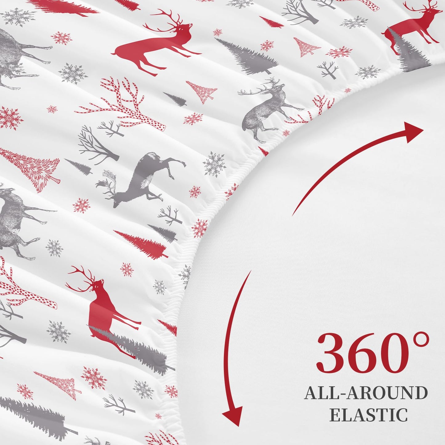 HCORA Christmas Fitted Sheet with Pillow Cases, 100% Brushed Microfibre Deep Pocket Fitted Bottom Sheet, Ultra Soft, Shrinkage and Fade Resistant, Full Size