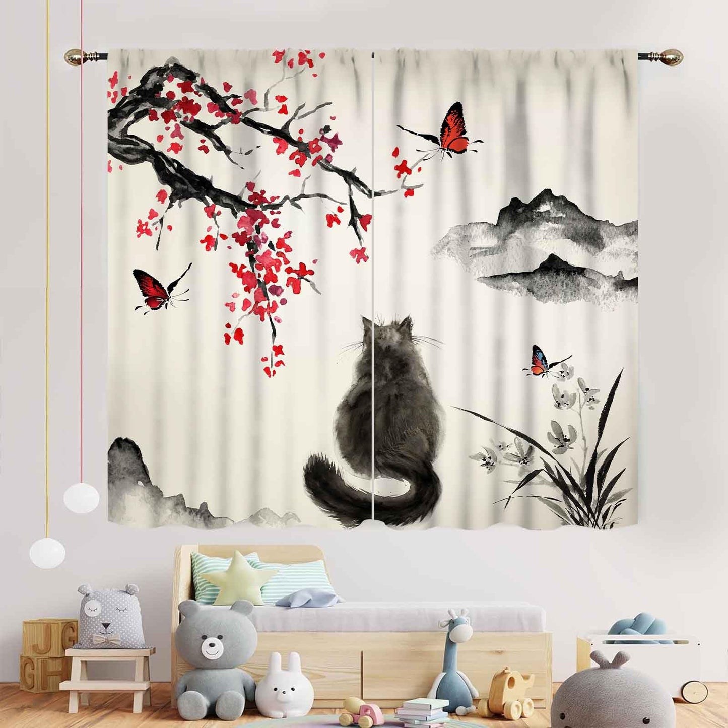 Japanese Curtains, Traditional Ink Painting Black Fluffy Cat Red Cherry Blossom Floral Branch Oriental Asian Style Nature Mountains Printed Drapes for Bedroom Living Room Bathroom Window, 42"x45" Inch