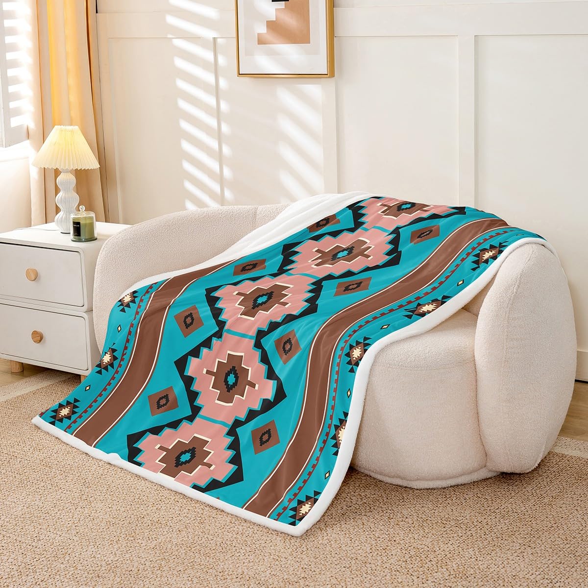 Feelyou Boho Aztec Throw Blanket West Soft Fleece Sherpa Cozy Fuzzy Plush Warm Teel Brown Fuzzy Plush Throw Western 40"x50" for Bed Couch Living Room