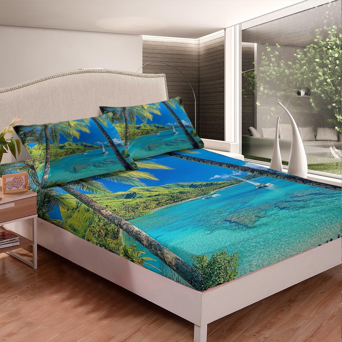 jejeloiu Beach Theme Fitted Sheet Full Size Kids Palm Leaf Bed Sheets Set for Boys Girls Teens Sailboat Summer Sea Ocean Wave Natural Scenery Bedding Set Room Decor