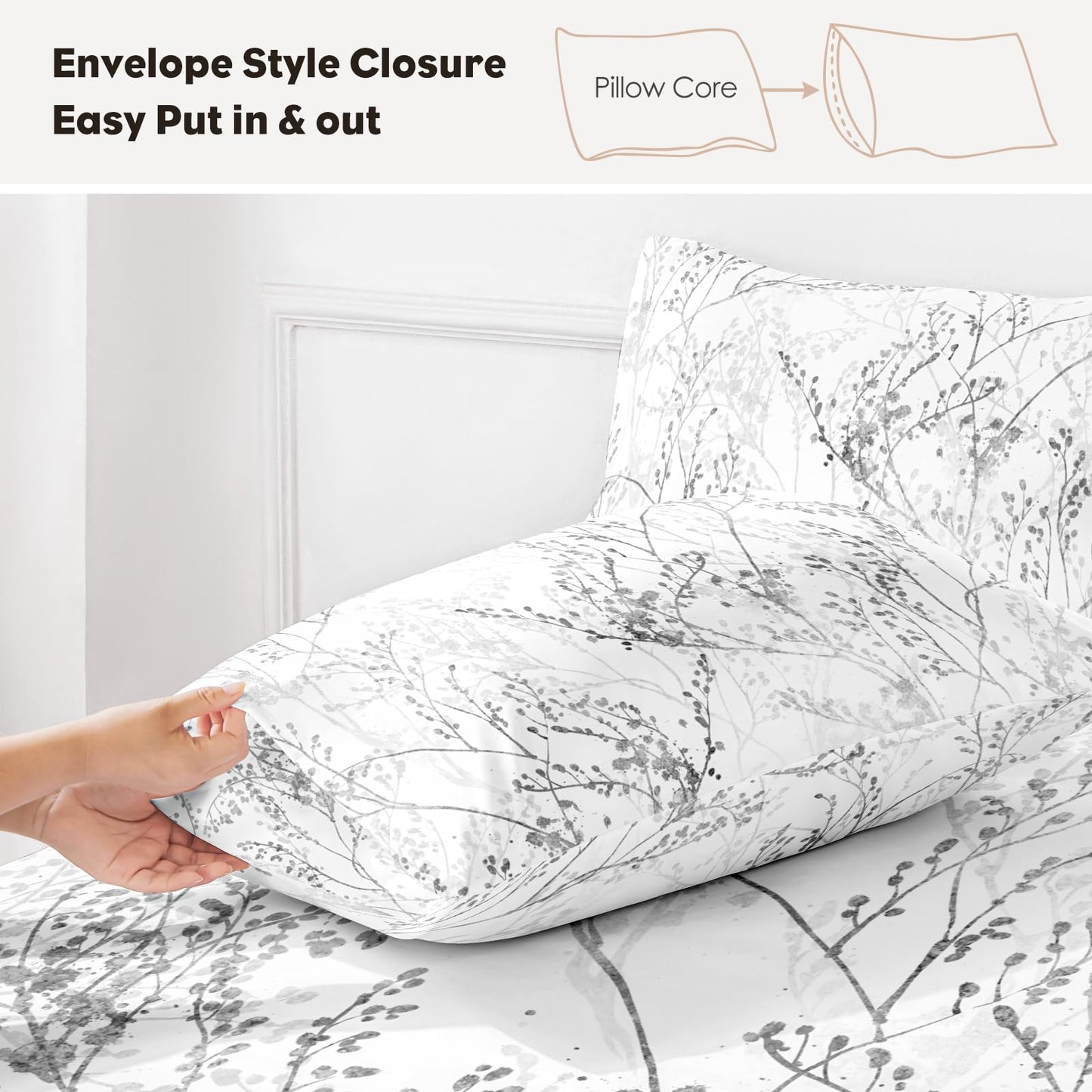 HCORA Floral King Size Sheets Set, Luxury 1800TC Hotel Quality Double Brushed Microfiber Deep Pocket Bed Sheets, Ultra Soft, Breathable and Cooling, 4PC, King