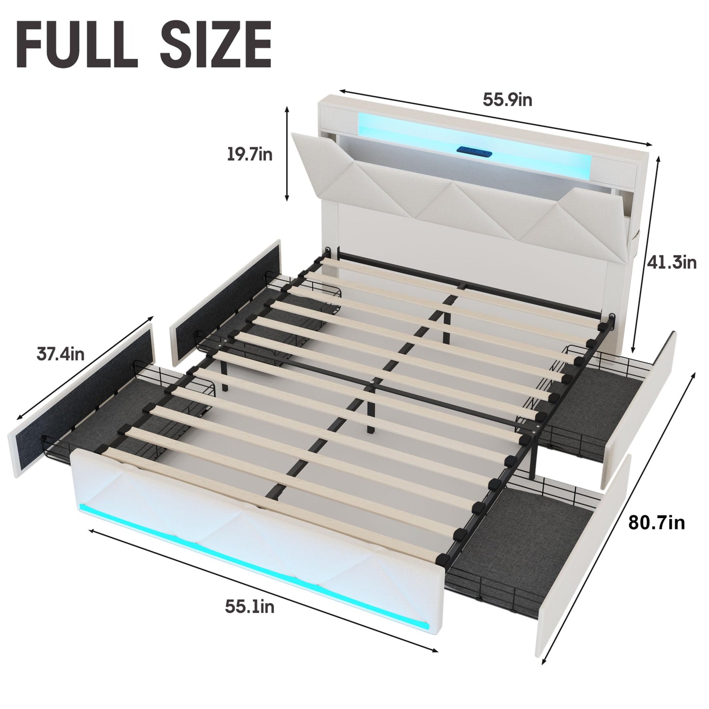Vabches Full Bed Frame with Storage Headboard and 4 Drawers,Upholstered Platform with Charging Station and Led Lights,Adjustable Headboard,No Box Spring Needed,Beige