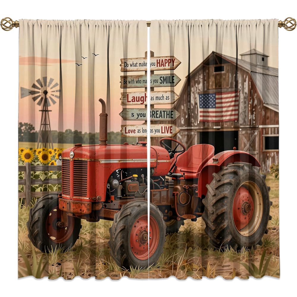 KuracleGH Cabin Farm Old Tractor Curtain-Rustic Western Farmhouse Barn Windmill Truck Rod Pocket Back Tab Window Drapes,Harvester Autumn Sunset Thermal Insulated Blackout Curtain,2pc,Each 21“W x 45”L