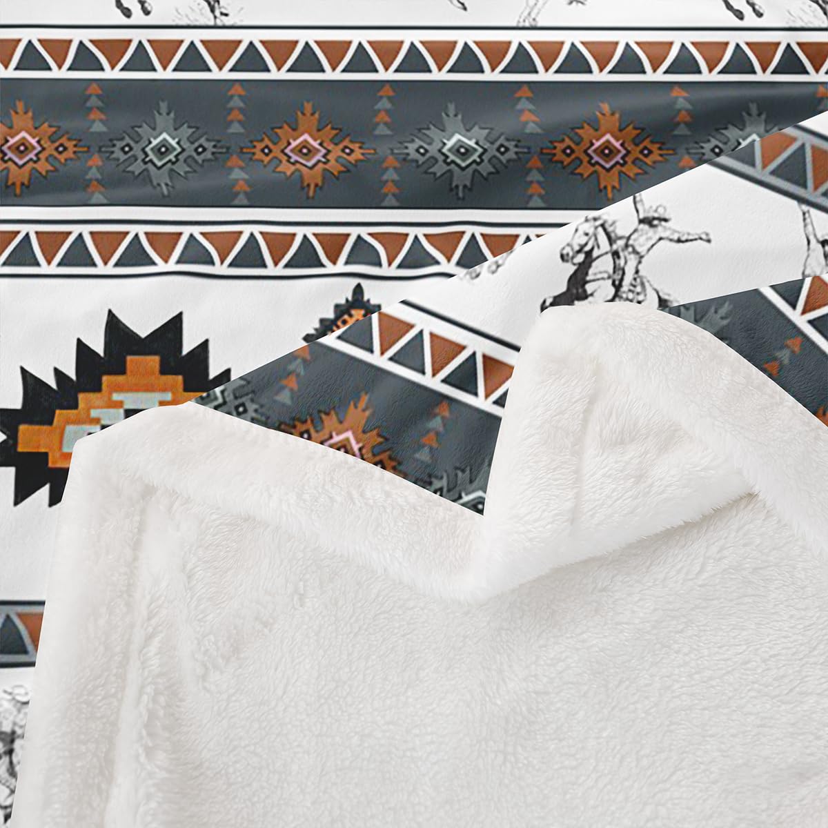 Feelyou Western Cowboy Sherpa Blanket Southwestern Aztec Fleece Throw Blanket Boys Girls Horse Riding Design for Bed Couch Chair Living Room Ranch Farmhouse Bedroom Decor Blue Brown 40"x50"