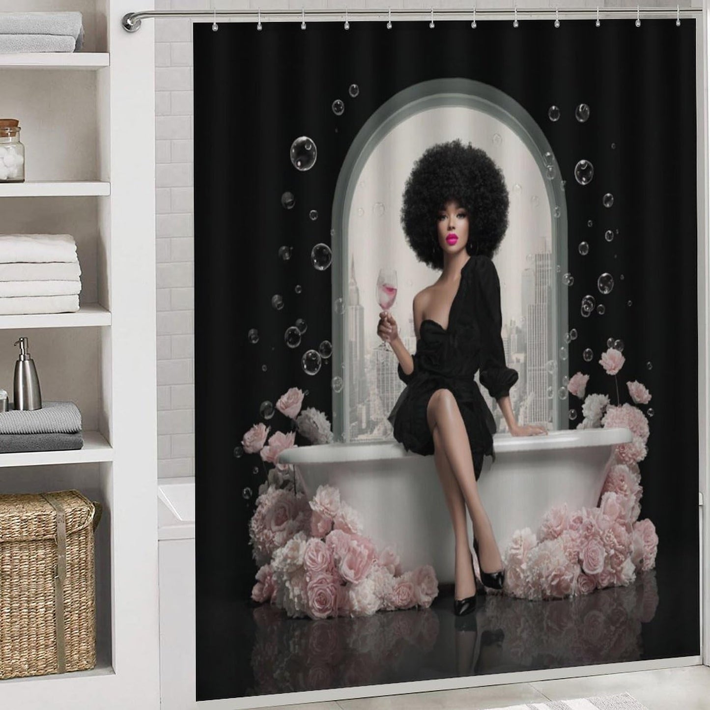 XSUPFLYM Modern Classic Black Women Waterproof Fabric Shower Curtain Beautiful Elegant Bathroom Art American African Women Bathroom Shower Curtain Set with Hooks-72 W x 72" L