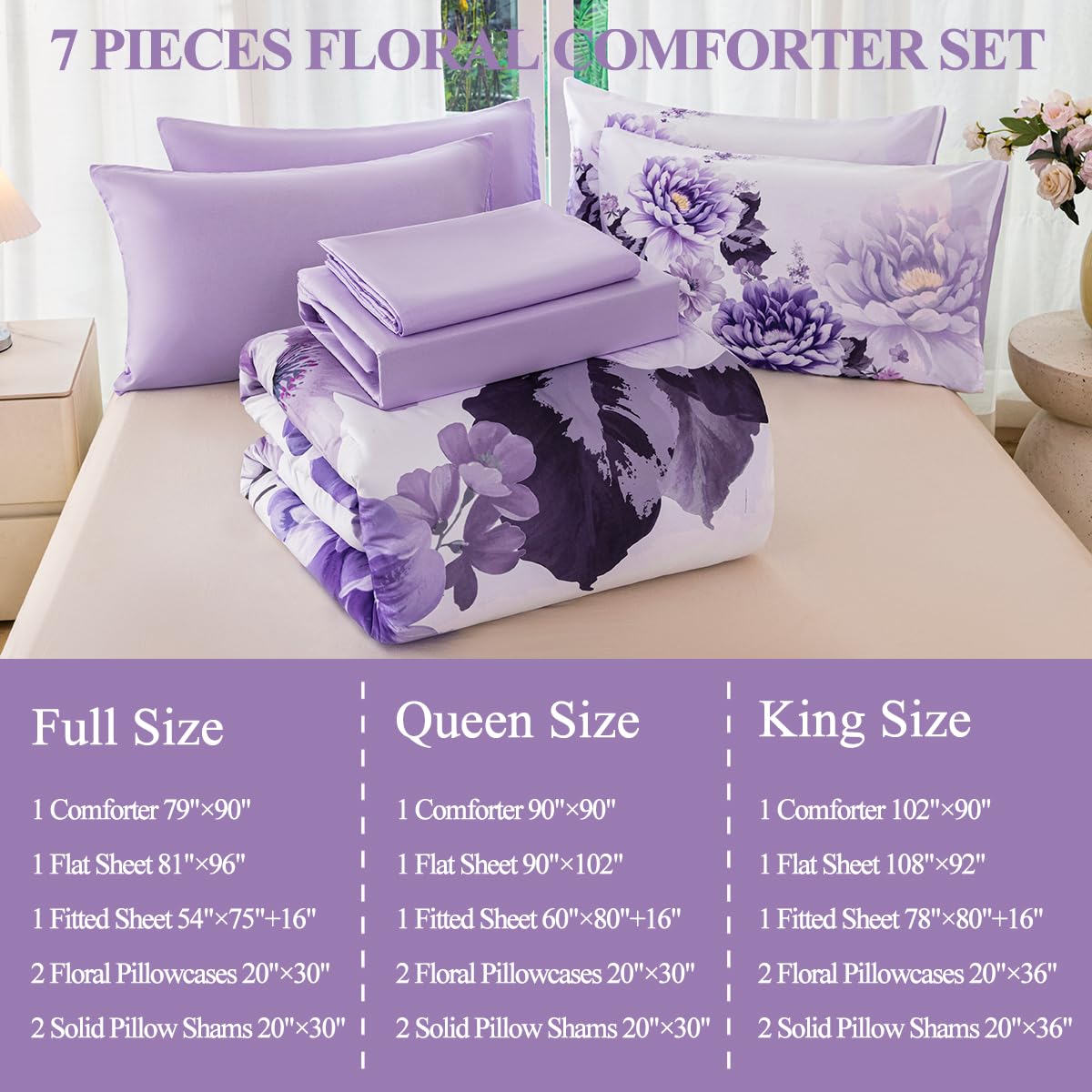 ZSYAYAHA Purple Comforter Set Queen 7 Pieces Floral Bedding Set for Women Flower Bed Set Soft Reversible Pink Peony Bed in A Bag with Sheets(Purple, Queen)