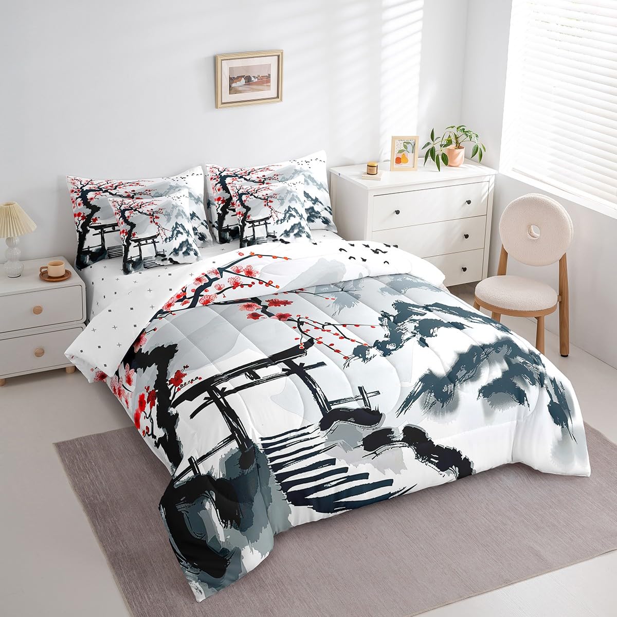 Erosebridal 7 Piece Red Cherry Blossoms Bed in a Bag Full,Chinese Ink Painting Style Sheet Set Romantic Themed Bedding with Comforter Winter Theme Floral Print Cushion Covers Botanical Flowers Bed Set