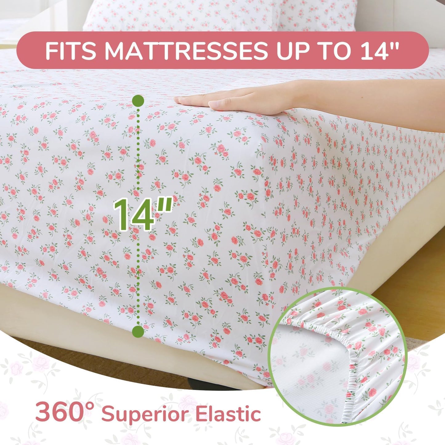 MUXHOMO Full Size 4 Piece Sheet Set, Soft Breathable Bed Sheet Set for Bedroom with Deep Pocket Up to 16", Wrinkle-Free & Cooling Bedding for Oeko-TEX Certified - Floral Pink