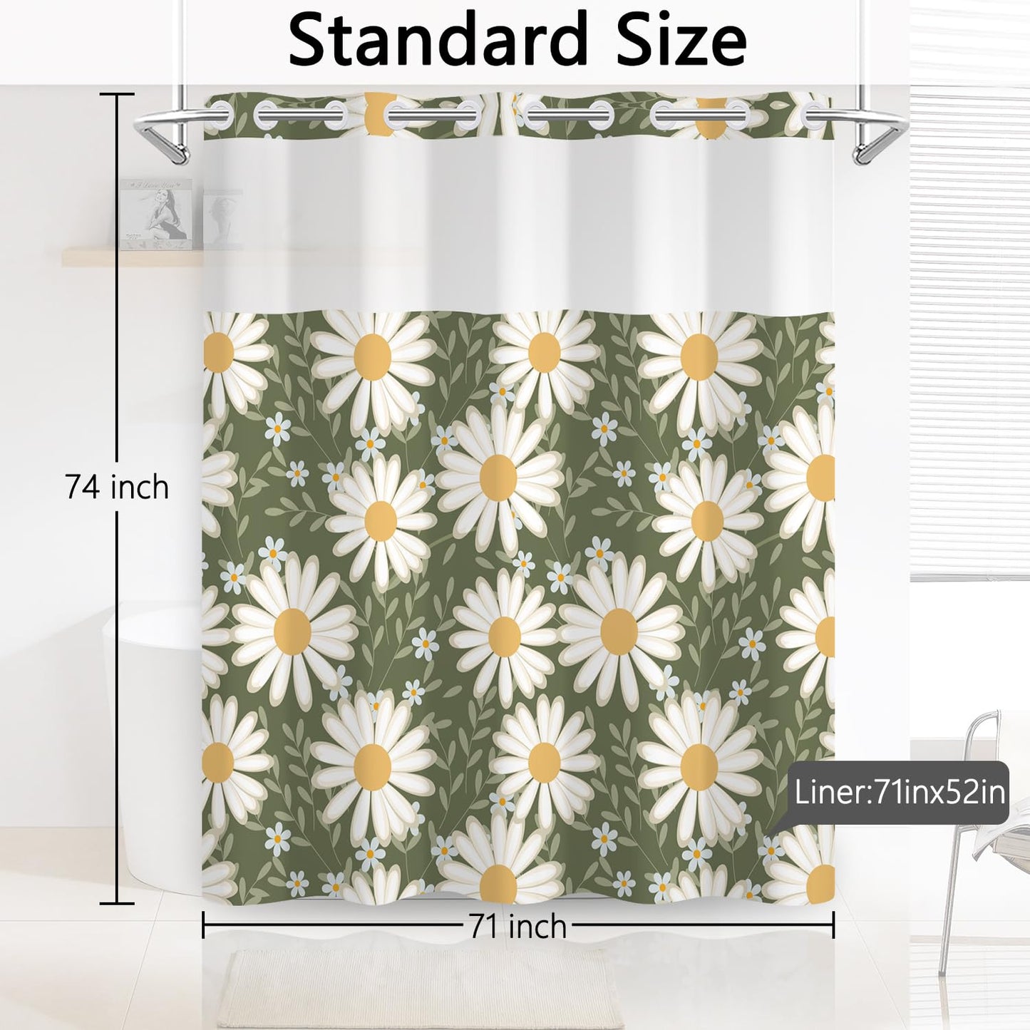 NAEMBCU No Hooks Daisy Shower Curtain with Snap in Liner, Green & White Daisy Floral Shower Curtains for Bathroom, Waterproof Cloth Fabric with See Through Mesh Top Window, 71x74 Inch