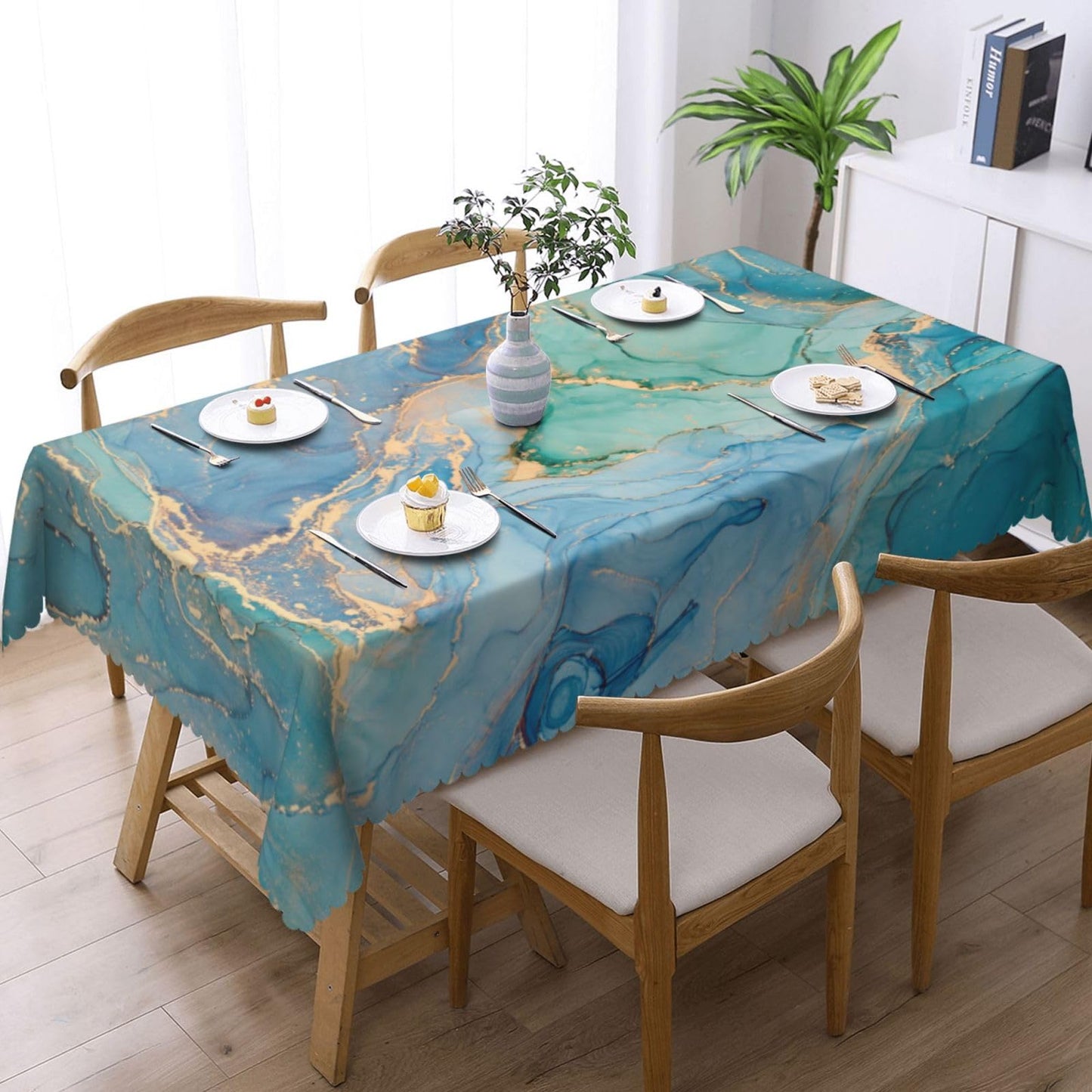 VIGGINER Teal Marble Rectangle Tablecloth Turquoise Blue Gold Table Cloth for Kitchen Dining Natural Luxury Abstract Fluid Tablecloths Table Cover Decor for Party Patio 54 x 72 Inch