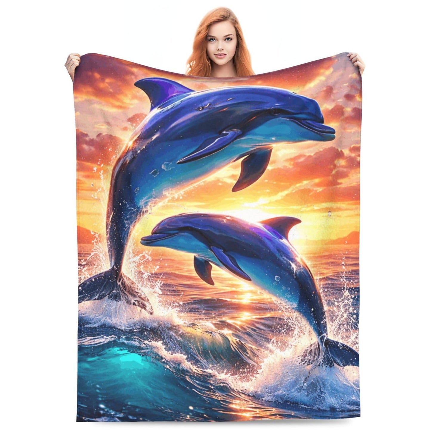 Dolphin Sunset Blanket, Gifts for Women, Ocean Dolphin Theme Soft Lightweight Throw Blankets for Kids Girls, Travel Bed Living Room Decor, 50x60in