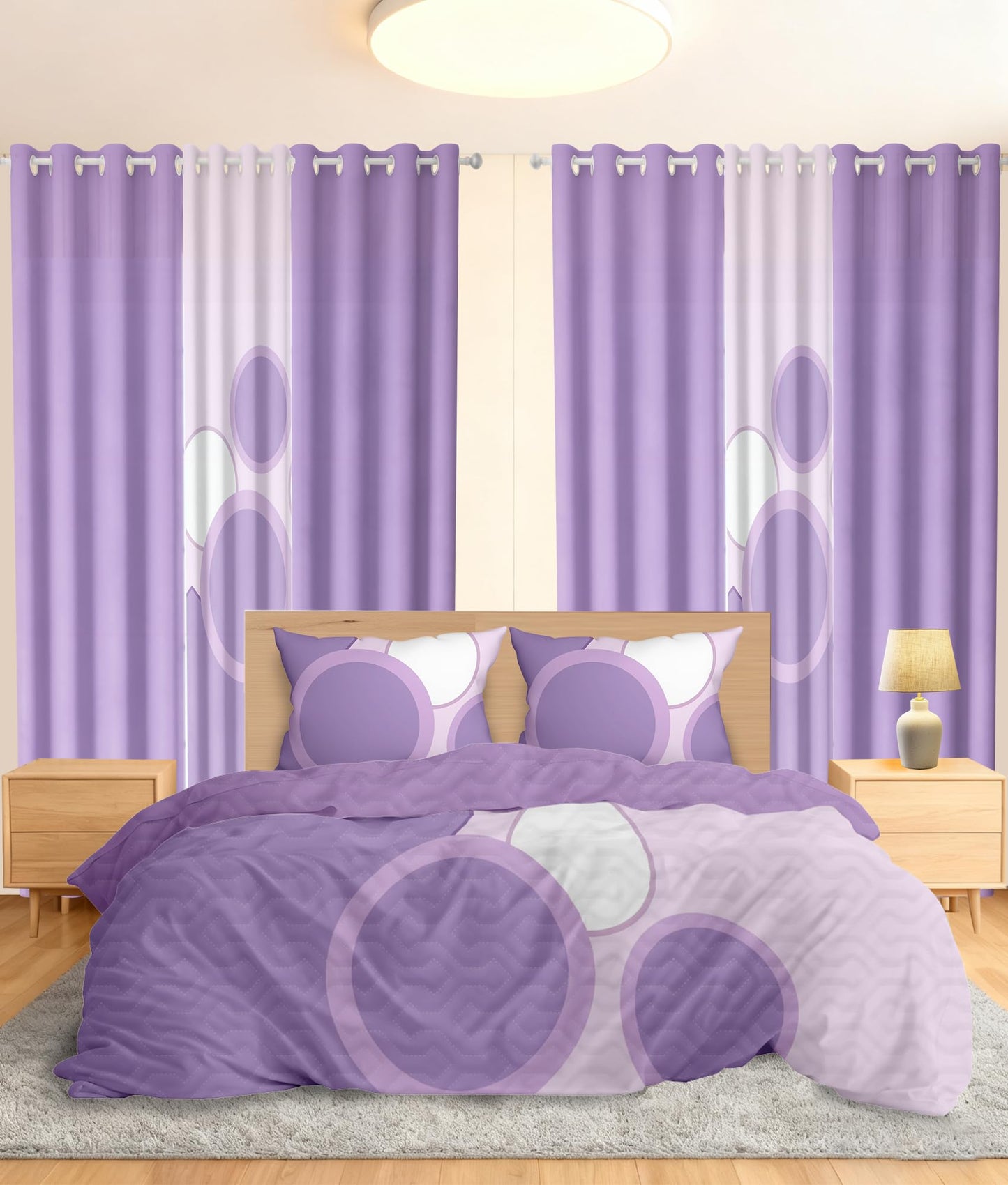 Hercastlè 9pcs Wrinkle-Resistant Microfiber Bedspread Lightweight Comforter Set and Pillowcases with Matching Coordinated Curtains Bed Cover Bedding Sets in a Bag Queen Size Violet Pink Round Graphic