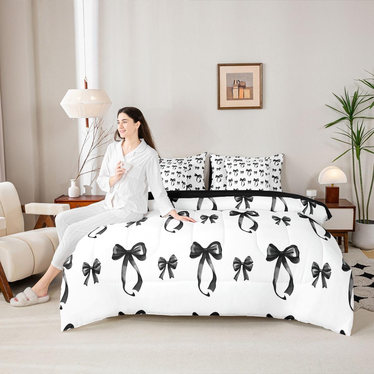 Erosebridal Bow 7 Pcs Bedding Set Full Black Bow Tie Comforter Set with Sheets Bowknot Bed in A Bag Black White Simple Decor Bedroom Decor