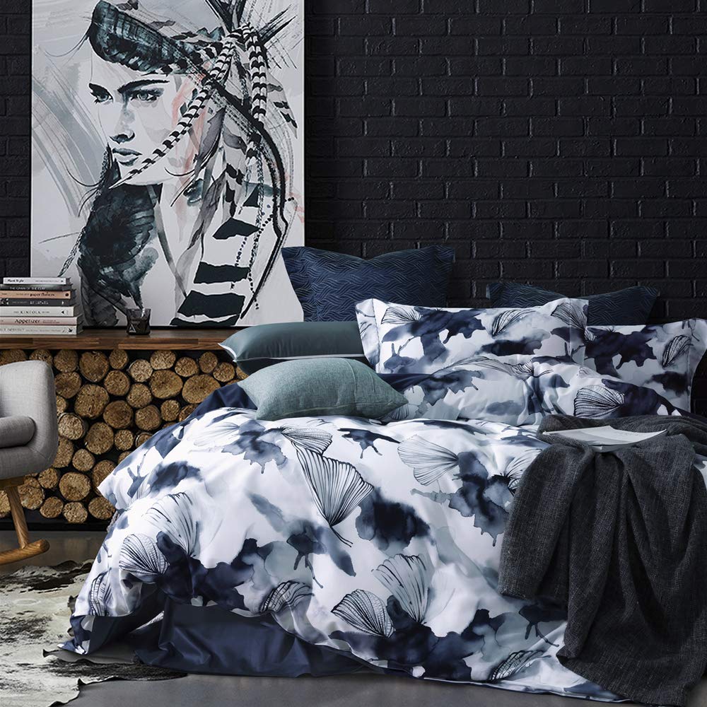 MILDLY Cotton Queen Duvet Cover Pillow Shams 3 Pieces Set Designed Blue Spring Floral Pattern Printed Bedding Set with Zipper Closure and Corner Ties (No Comforter)