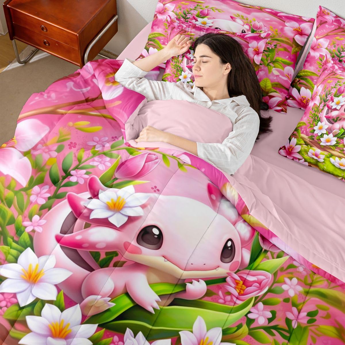 Erosebridal Romantic Axolotl Twin Size Bedding Set for Kids Girls Teens Pink Floral Axolotl 7 Pieces Comforter Set with Sheets Girly Cute Cartoon Animal Bed in a Bag Garden Botanical Flowers Bed Sets