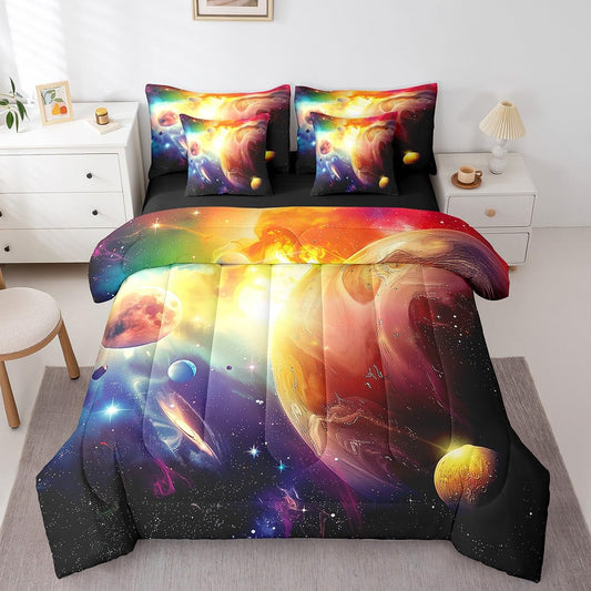 Erosebridal Outer Space Comforter Set for Kids Boys Girls 7 Piece Twin Purple Galaxy Quilt with Flat Fitted Sheet 3D Universe Planet Bed in A Bag Solar System Theme Bedding Sets