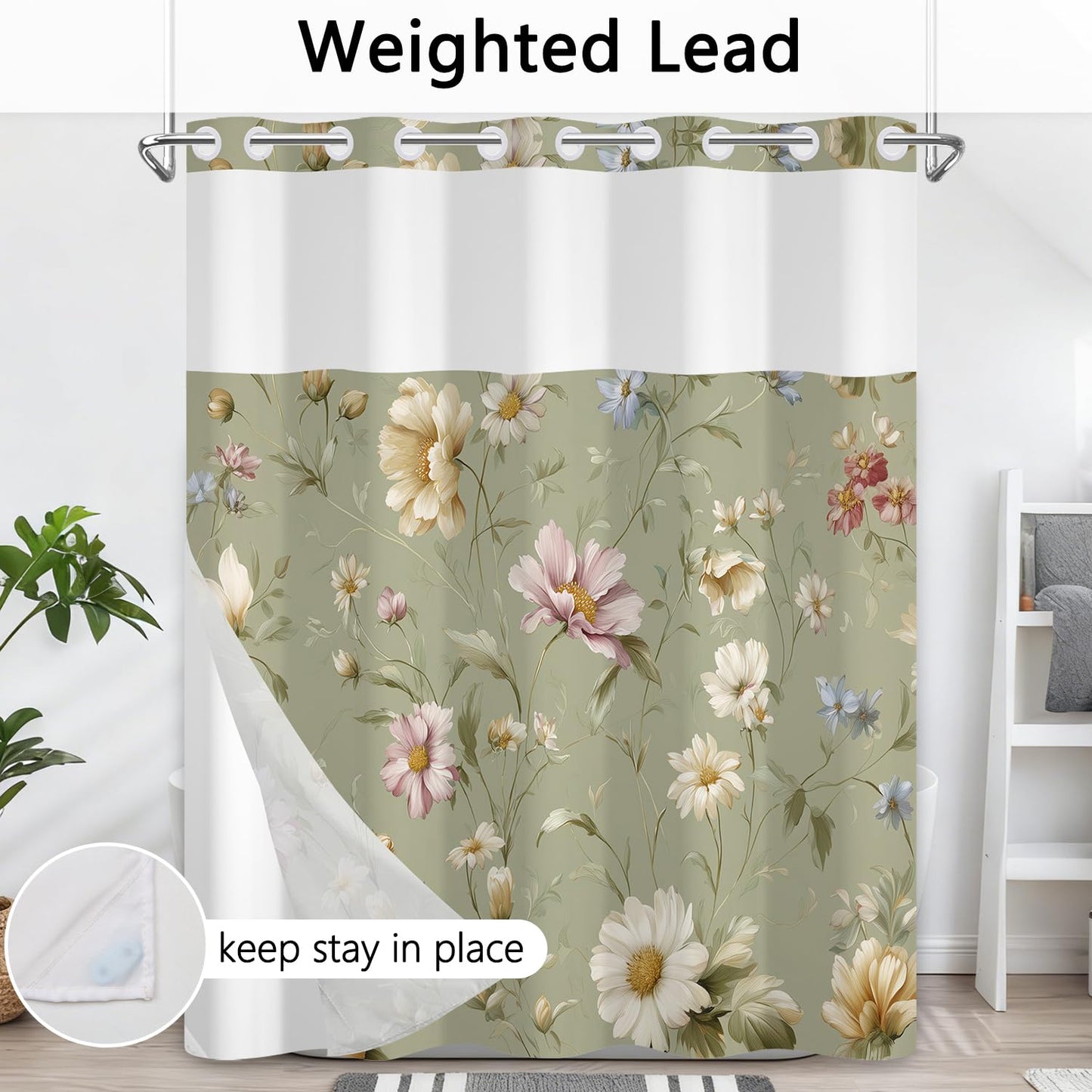 Xiazhilaio No Hook Floral Shower Curtain with Snap in Liner